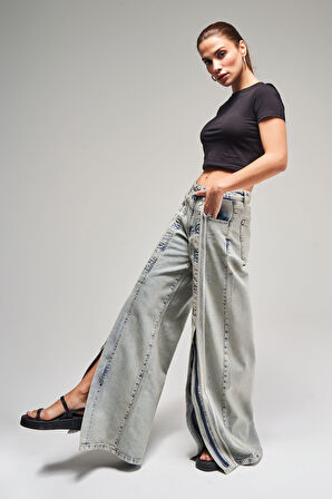 Kadın Kot Rengi 3S565 Şerit Detaylı Yırtmaçlı Palazzo Fit %100 Koton Denim