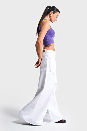 Kadın Beyaz Renk 13s5-2 Elephant Leg Bol Kesim %100 Koton Yırtık Detaylı Denim Jean