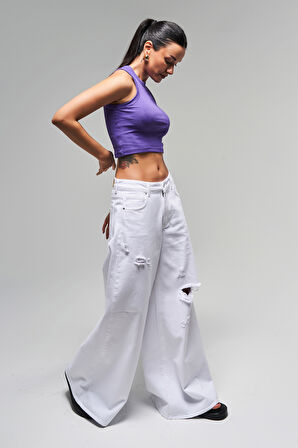 Kadın Beyaz Renk 13s5-2 Elephant Leg Bol Kesim %100 Koton Yırtık Detaylı Denim Jean