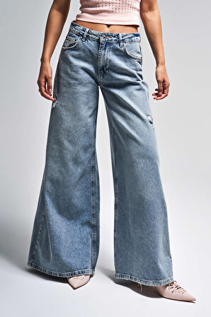 Kadın T.Kot Rengi 10s5-32 Elephant Leg Bol Kesim %100 Koton Yırtık Detaylı Denim Jean