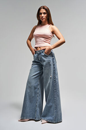 Kadın T.Kot Rengi 10s5-32 Elephant Leg Bol Kesim %100 Koton Yırtık Detaylı Denim Jean