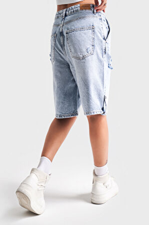 Kadın Snow Kot Rengi 12S5-3 Diz Boyu %100 Koton Bol Kesim Denim Şort