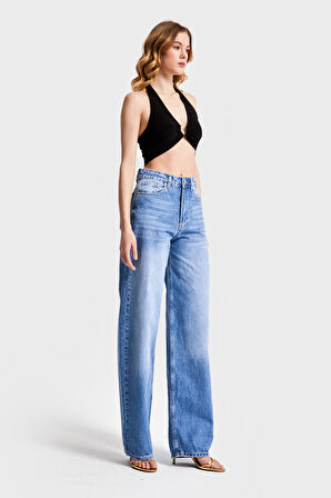 Kadın Mavi Renk 2S5-4 Süper Yüksek Bel Skater Fit %100 Koton Denim