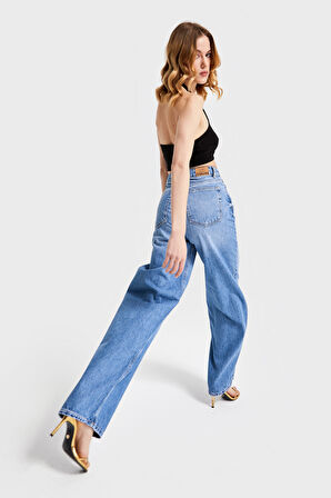 Kadın Mavi Renk 2S5-4 Süper Yüksek Bel Skater Fit %100 Koton Denim