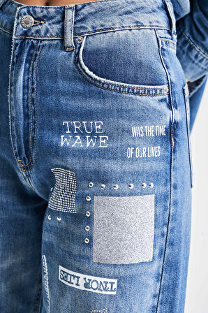 Kadın T.Kot Rengi 2S5-72 Baskılı Parlak Taşlı Straight Fit %100 Koton Tasarım Denim Jean