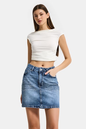 Kadın Mavi T2-4s6-4 Straight Fit Parlak Taşlı Özel Tasarım Mini Denim Etek
