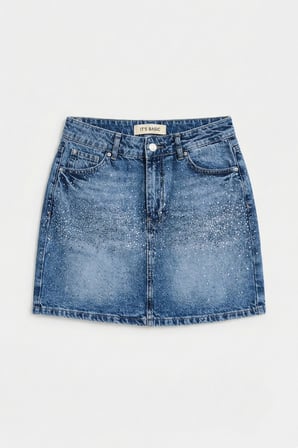 Kadın Mavi T2-4s6-4 Straight Fit Parlak Taşlı Özel Tasarım Mini Denim Etek