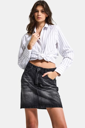 Kadın Koyu Füme 2s6-1 Straight Fit %100 Koton Mini Denim Etek