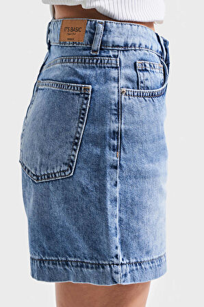Kadın Mavi Kot Rengi 4S5-27 Mom Fit Viscon Pamuk Kumaş Mini Boy Denim Şort