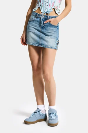 Kadın Tint Kot Rengi 2s6-3 Mini Boy Yandan Düğmeli Denim Etek
