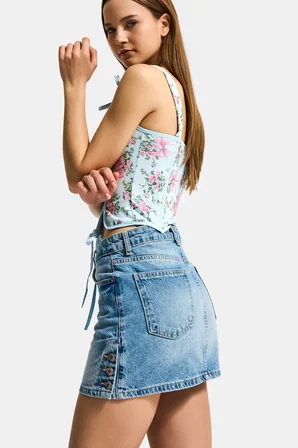 Kadın Tint Kot Rengi 2s6-3 Mini Boy Yandan Düğmeli Denim Etek