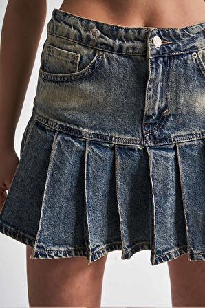Kadın T.Kot Rengi 45S-75 Pileli %100 Koton Tasarım Mini Denim Etek