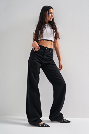 Kadın Siyah Renk 1s5-1 Loose Fit Orta Bel Viskon Kumaş %100 Koton Denim Jean
