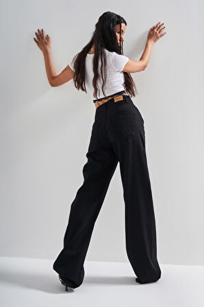 Kadın Siyah Renk 1s5-1 Loose Fit Orta Bel Viskon Kumaş %100 Koton Denim Jean