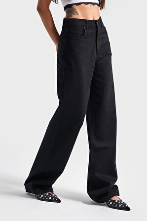 Kadın Siyah Renk 1s5-1 Loose Fit Orta Bel Viskon Kumaş %100 Koton Denim Jean