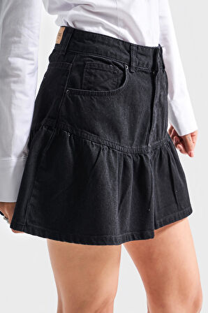Kadın Siyah Renk 1S5-1 Volanlı Süper Mini %100 Koton Denim Etek