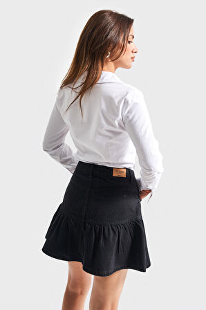 Kadın Siyah Renk 1S5-1 Volanlı Süper Mini %100 Koton Denim Etek