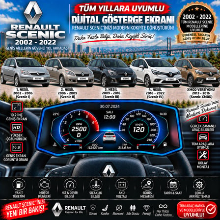 Renault Scenic 2002-2022 uyumlu digital gösterge Odb ekran arıza göstergesi turbo gösterge hayalet ekran