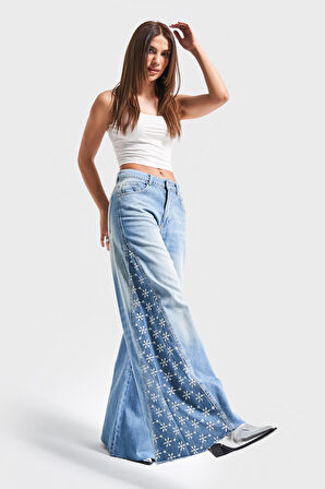 Kadın Mavi Kot Rengi 2S5-75 Çiçek Nakışlı Palazzo Fit %100 Koton Tasarım Denim Jean