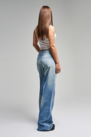 Kadın Kot Rengi 2S5-75 Midrise Wide Leg Kemeri Çiçek Nakışlı %100 Koton Tasarım Denim Jean