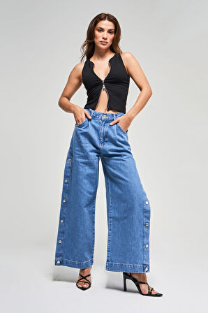 Kadın Mavi Kot Rengş 1S5-4 Palazzo Fit Yandan Ful Düğme Yırtmaçlı Tasarım Denim Jean