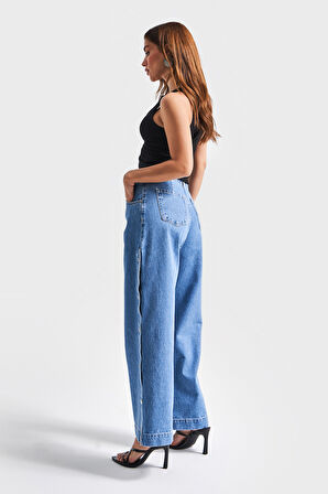 Kadın Mavi Kot Rengş 1S5-4 Palazzo Fit Yandan Ful Düğme Yırtmaçlı Tasarım Denim Jean