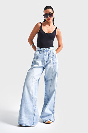 Kadın Kot Rengi 4S5-3 Mega Baggy Fit Süper Bol %100 Koton Rahat Kesim Denim Jean