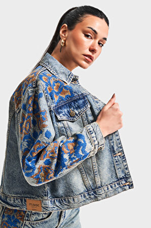 Kadın T.Kot Rengi 4S5-32 Nakış Detaylı %100 Koton Tasarım Denim Ceket