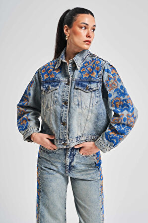 Kadın T.Kot Rengi 4S5-32 Nakış Detaylı %100 Koton Tasarım Denim Ceket
