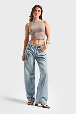 Kadın T.Kot Rengi 4S5-31 Baggy Balon Fit  Cep Detaylı %100 Koton Bol Kesim Denim Jean