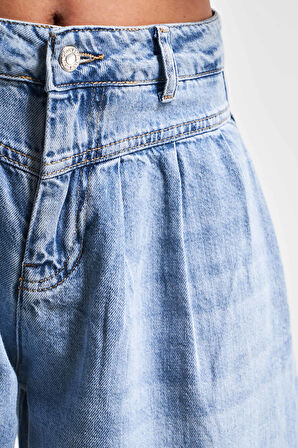 Kadın Mavi Renk 2S5-4 Baggy Fit Pileli %100 Koton Denim Jean