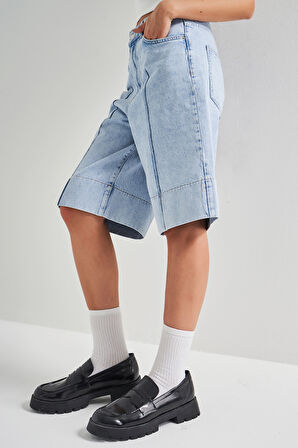 Kadın Snow Kot Rengi 3S5-3 Maxi Boy Baggy %100 Koton Denim Şort