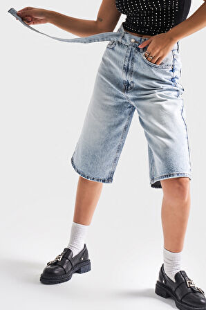 Kadın Snow Kot Rengi 4S5-3 Maxi Boy Kemer Detaylı %100 Koton Yüksek Bel Uzun Denim Şort Bermuda