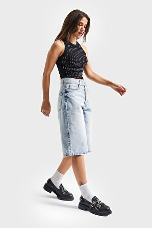 Kadın Snow Kot Rengi 4S5-3 Maxi Boy Kemer Detaylı %100 Koton Yüksek Bel Uzun Denim Şort Bermuda