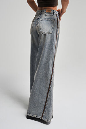 Kadın T.Kot Rengi 4S5-67 Şerit Detaylı Palazzo Fit Tasarım %100 Koton Denim Jean