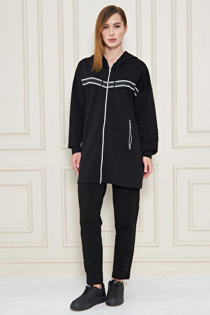 Kadın Pamuklu Kapüşonlu Tunik Eşofman Takımı SİYAH-L