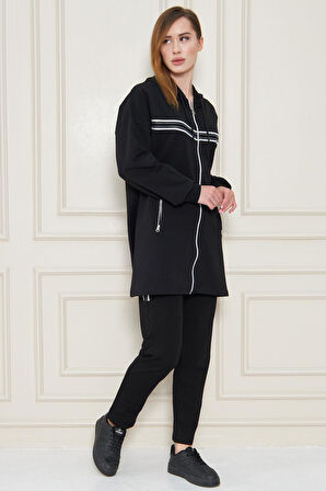 Kadın Pamuklu Kapüşonlu Tunik Eşofman Takımı SİYAH-L