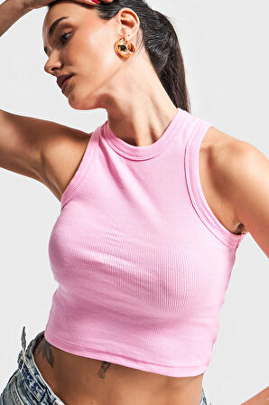 Kadın Pembe Renk s5-98 Halter Yaka Esnek Kaşkorse Kumaş Crop Top Body