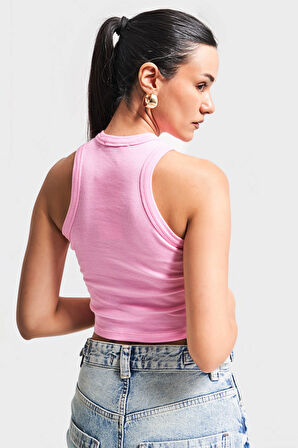 Kadın Pembe Renk s5-98 Halter Yaka Esnek Kaşkorse Kumaş Crop Top Body