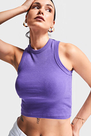 Kadın Mor Renk s5-111 Halter Yaka Esnek Kaşkorse Kumaş Crop Top Body