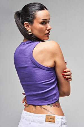 Kadın Mor Renk s5-111 Halter Yaka Esnek Kaşkorse Kumaş Crop Top Body
