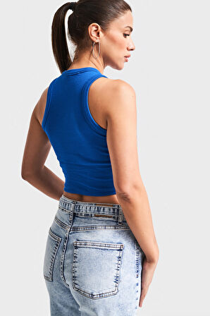 Kadın Saks Renk s5-103 Halter Yaka Esnek Kaşkorse Kumaş Crop Top Body