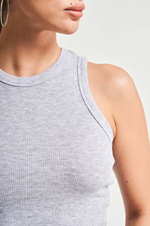 Kadın Gri Renk s5-107 Halter Yaka Esnek Kaşkorse Kumaş Crop Top Body