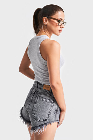 Kadın Gri Renk s5-107 Halter Yaka Esnek Kaşkorse Kumaş Crop Top Body