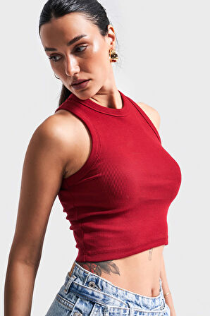 Kadın Kırmızı Renk s5-35 Halter Yaka Esnek Kaşkorse Kumaş Crop Top Body
