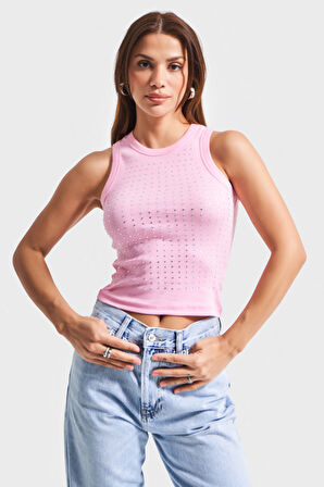 Kadın Pembe Renk S5-98 Halter Yaka İnce Fitilli Kumaş Parlak Taşlı Tasarım Body