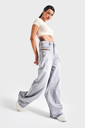 Kadın Gri Renk 4S5-12 Palazzo Fit Bol Kesim %100 Koton Fermuar Detaylı Tasarım Denim Jean
