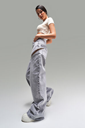 Kadın Gri Renk 4S5-12 Palazzo Fit Bol Kesim %100 Koton Fermuar Detaylı Tasarım Denim Jean