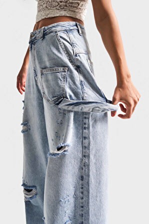 Kadın Kot Rengi 12S5-3 Mega Baggy Fit Süper Bol %100 Koton Orta Bel Denim Jean