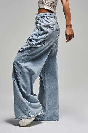 Kadın Kot Rengi 12S5-3 Mega Baggy Fit Süper Bol %100 Koton Orta Bel Denim Jean
